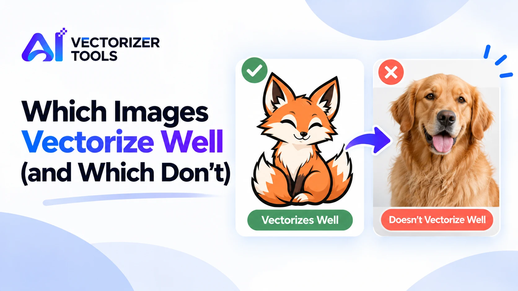 Which images vectorize well and which don't: a clean illustration converts well, a photograph doesn't